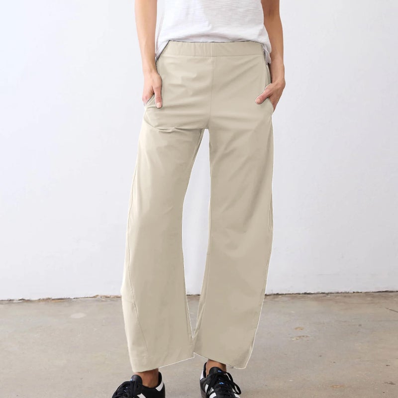 SeeLuNa Women Barrel Travel Pants Elastic Waistband Tapered Leg Baggy Mid Rise Work Trousers Lounge Pant with Pockets(Apricot,XS) - Image 4