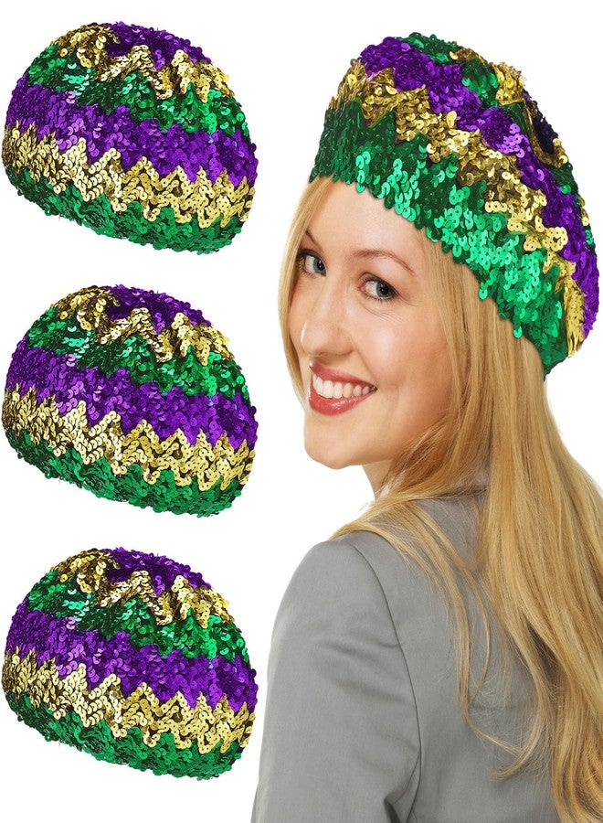 Cuffbow 3 Pcs Mardi Gras Sequin Beret Hats Women Purple Green Gold Fashionable Ladies Sparkle Shining French Style Beanie Beret Carnival Accessories - Image 1