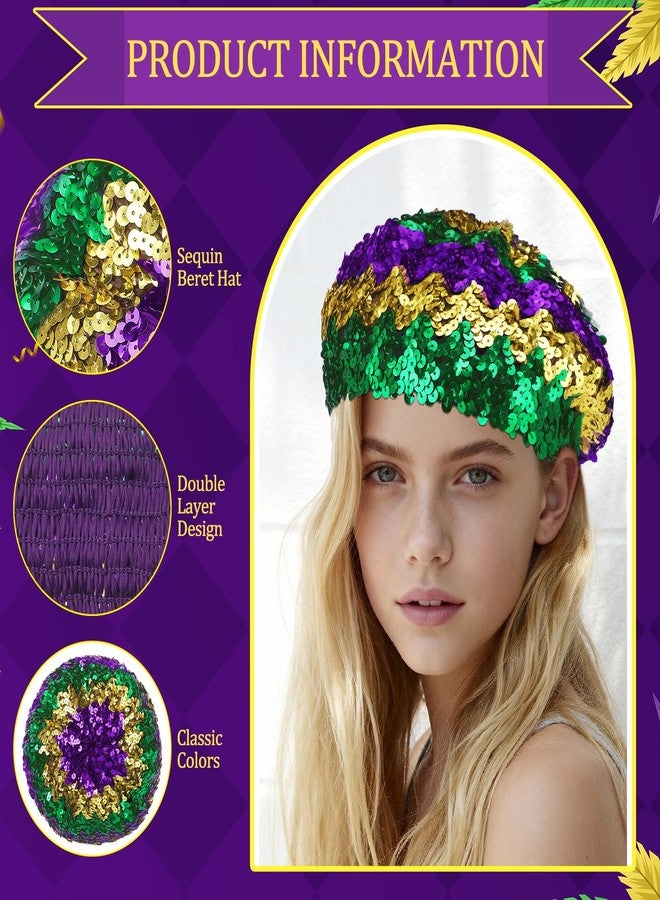Cuffbow 3 Pcs Mardi Gras Sequin Beret Hats Women Purple Green Gold Fashionable Ladies Sparkle Shining French Style Beanie Beret Carnival Accessories - Image 2