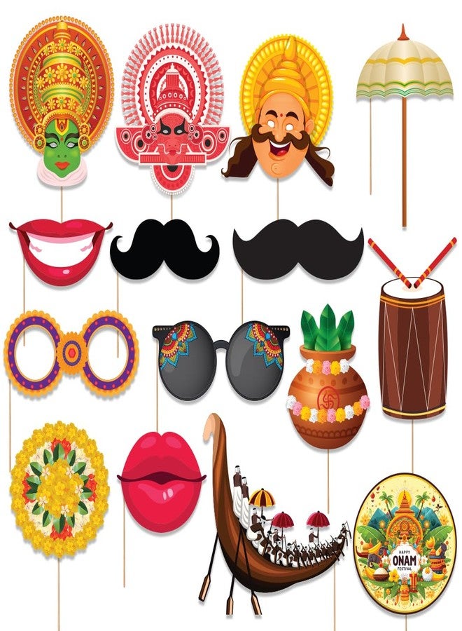 Festiko® 15 Pcs Happy Onam Photobooth Props for Kids & Adults | Onam Festival Photo Booth Props for Selfie, Onam Decoration Items for Home, Office, School, Event Party Supplies | Malayalam Onam Props - Image 1