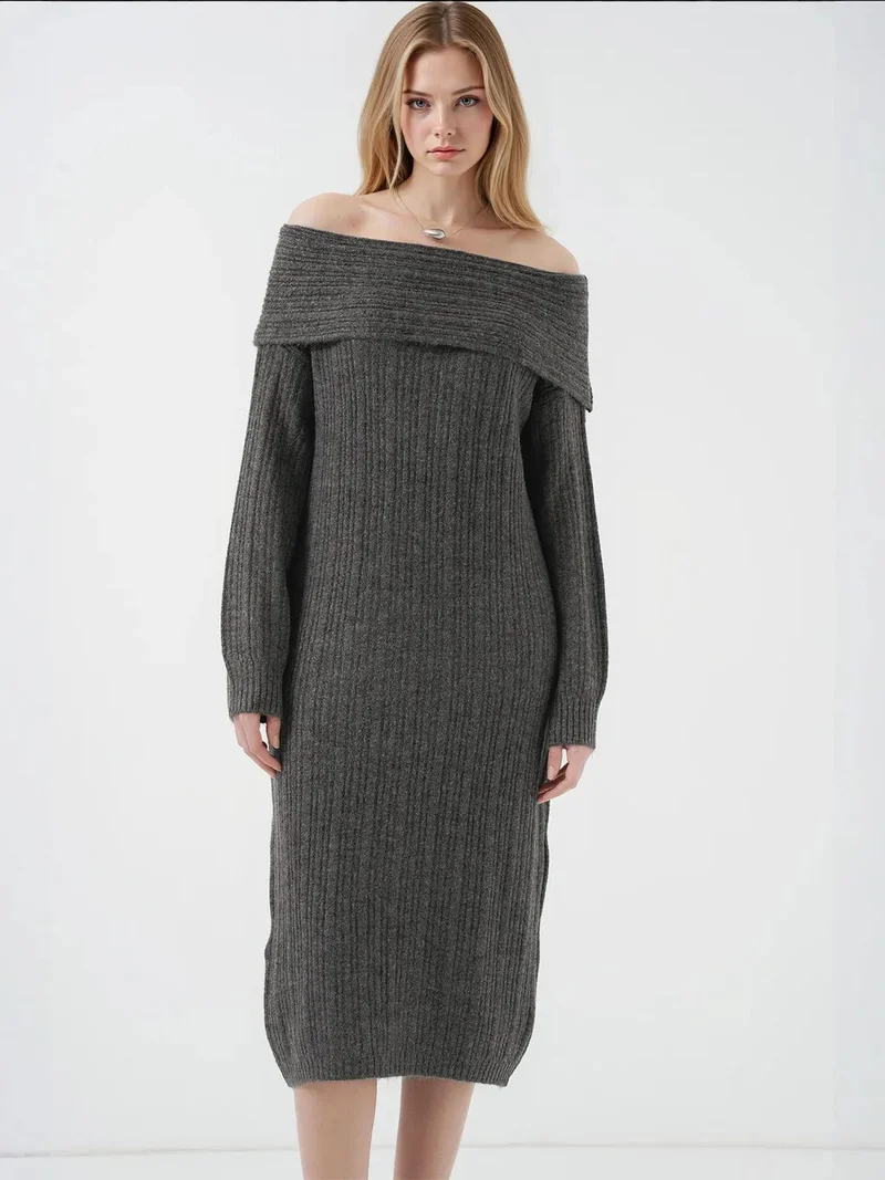 بيغ دارت فستان ميدي محبوك مضلع كبير الحجم بياقة مادونا