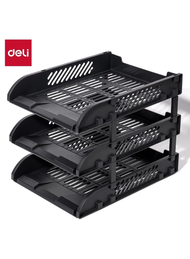 Deli E9213-BK File Tray 3-Tier Stackable Organizer  ideal for office desktop sorting - Image 1