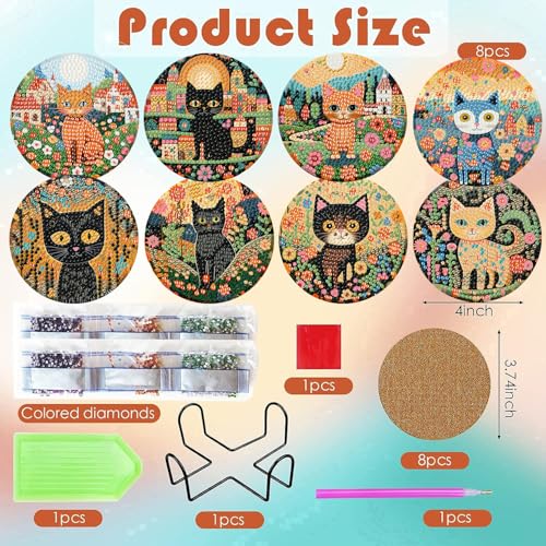 ijbnhd 8 PCS Diamond Art Coasters Kit, Cat Diamond Painting Coasters with Holder, Arts and Crafts Supplies Astral Cat Animals 4X4inch (Cork Wooden Pad) - Image 3