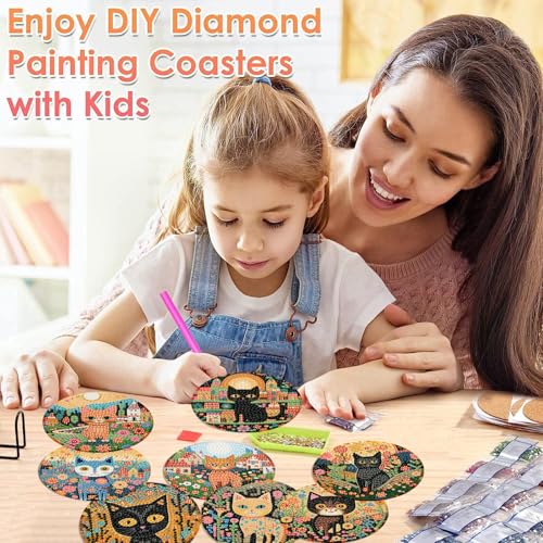 ijbnhd 8 PCS Diamond Art Coasters Kit, Cat Diamond Painting Coasters with Holder, Arts and Crafts Supplies Astral Cat Animals 4X4inch (Cork Wooden Pad) - Image 5