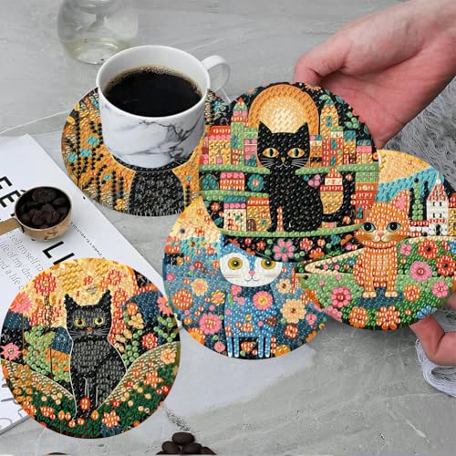 ijbnhd 8 PCS Diamond Art Coasters Kit, Cat Diamond Painting Coasters with Holder, Arts and Crafts Supplies Astral Cat Animals 4X4inch (Cork Wooden Pad) - Image 4