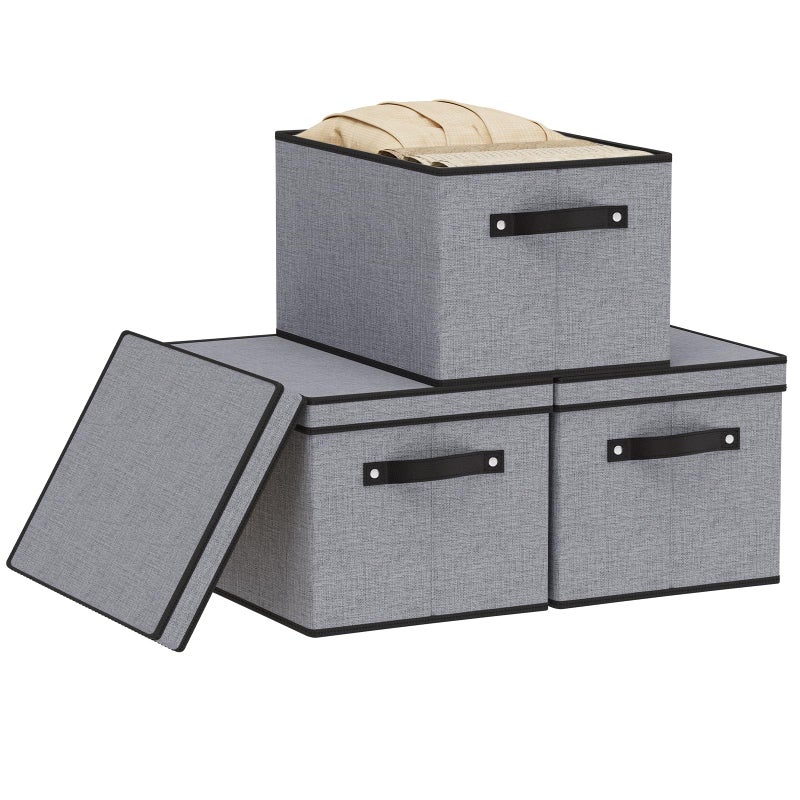 YheenLf Clothing Storage Bins Blanket Baskets for Shelves Fabric Cubes with Handles and Lids Decorative Linen Closet Organizers Boxes Gray 3 Pack 165 x 118 x 102 Inch