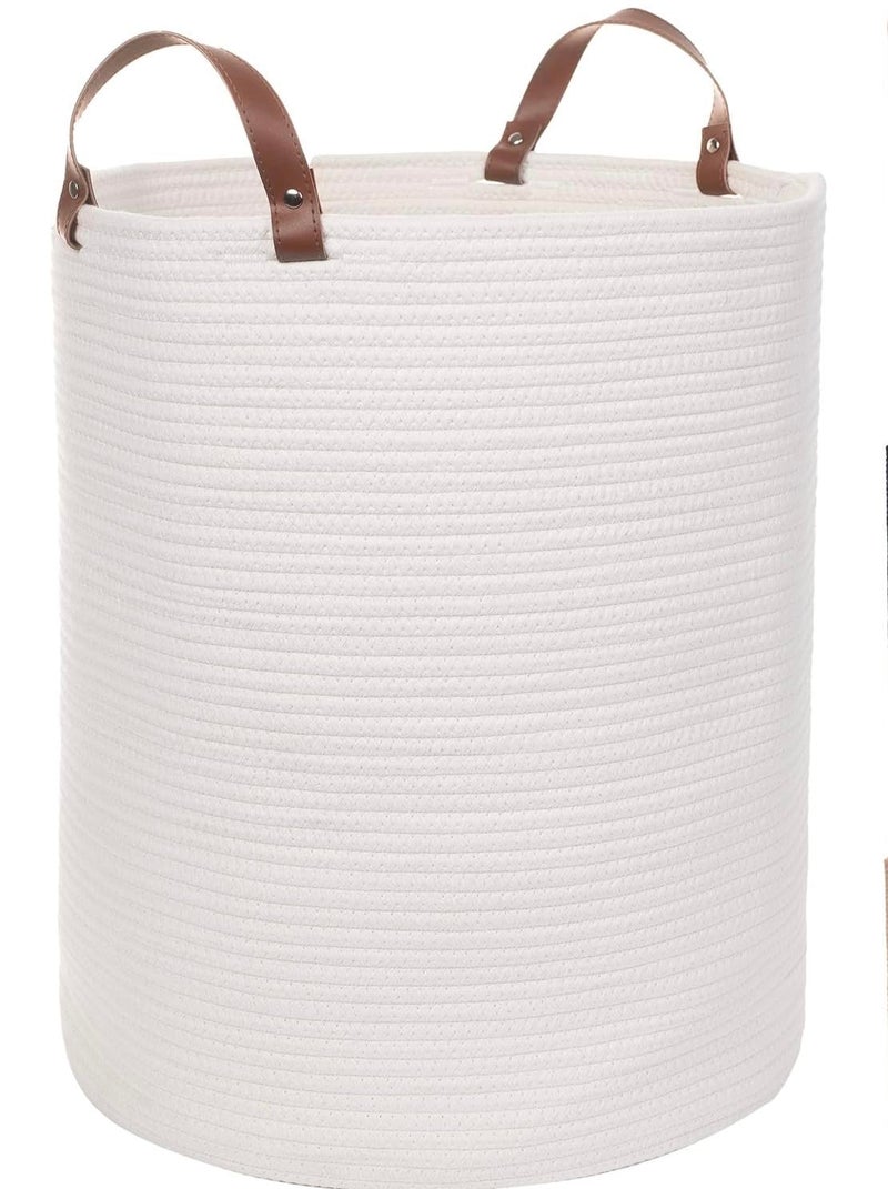 RUGSZONE RUGSZONE Twira Extra large Cotton Rope Basket Woven Baby Laundry Blanket Basket with Leather Handle Toy Basket Storage Baskets Bin for Yoga Mat Towel white 16x20 inches  - Image 1
