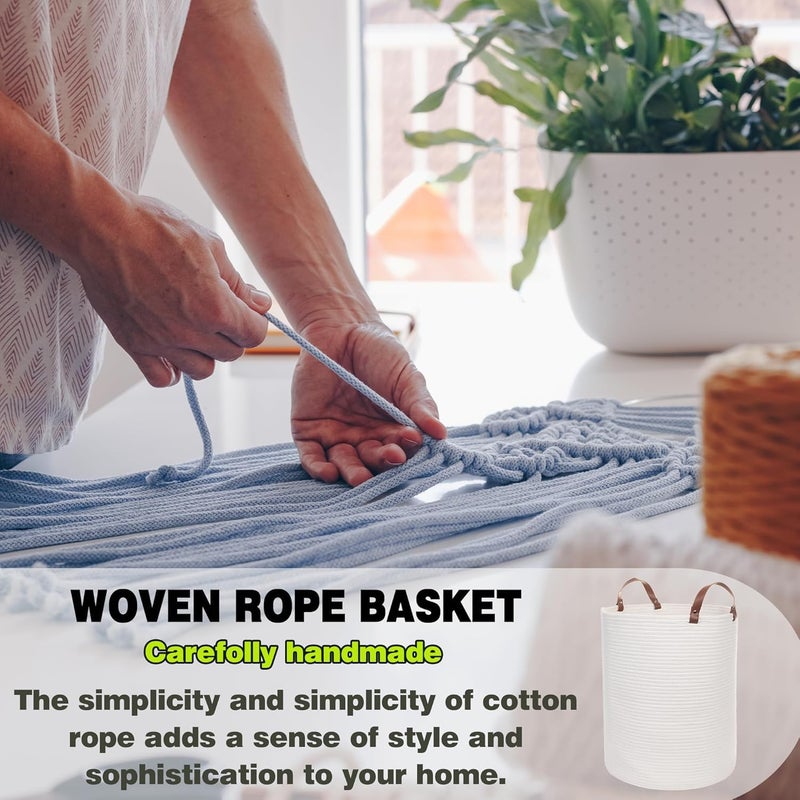 RUGSZONE RUGSZONE Twira Extra large Cotton Rope Basket Woven Baby Laundry Blanket Basket with Leather Handle Toy Basket Storage Baskets Bin for Yoga Mat Towel white 16x20 inches  - Image 5
