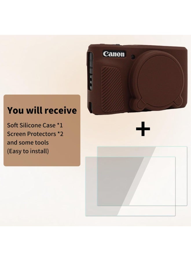 QIRG Camera Case Accessories Set[with 2 Glass tempered films],Silicone Protective Case Compatible with Canon PowerShot SX730 SX740 HS Digital Camera-Brown - Image 2