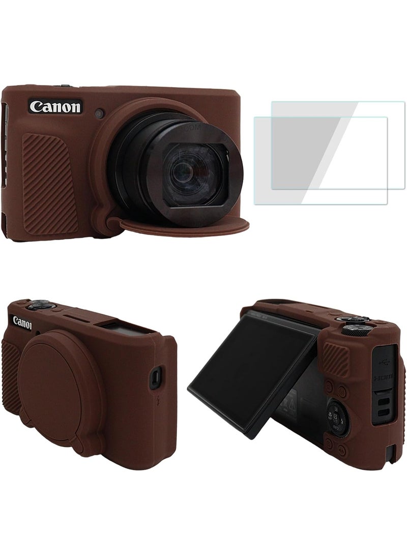 QIRG Camera Case Accessories Set[with 2 Glass tempered films],Silicone Protective Case Compatible with Canon PowerShot SX730 SX740 HS Digital Camera-Brown - Image 1
