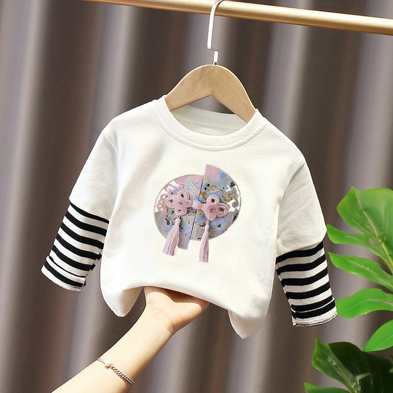 G2395# Cotton Girls Stitching Striped Long Sleeve T-Shirt New Children'S Fake Two-Piece National Style Casual T-Shirt - Image 2