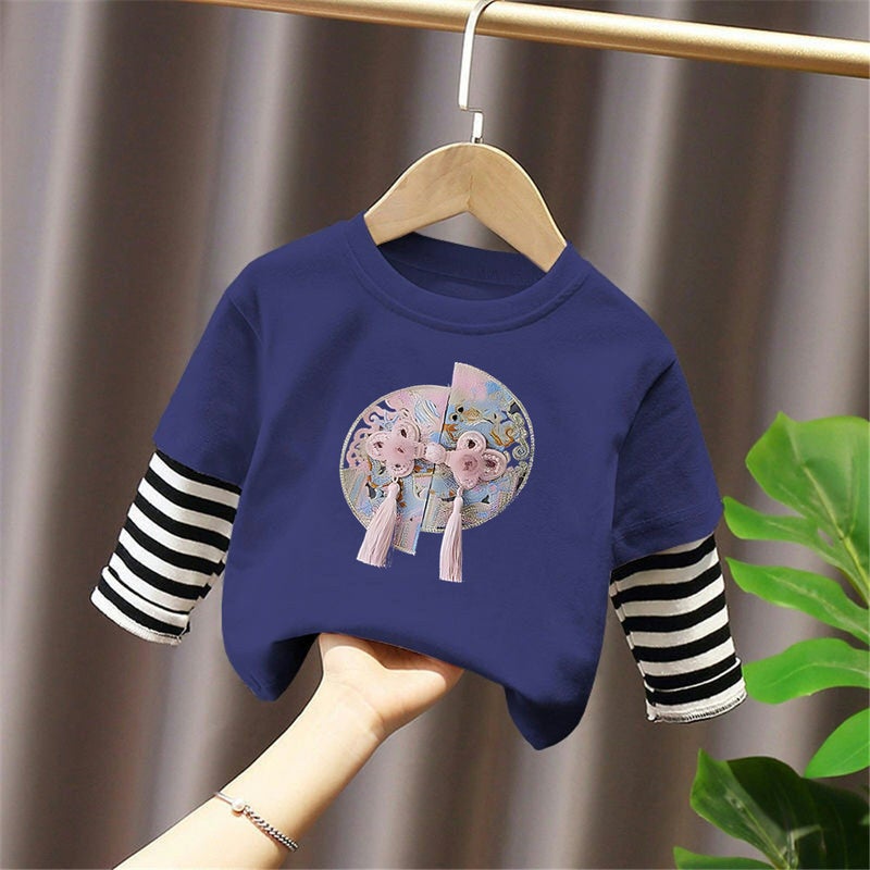 G2395# Cotton Girls Stitching Striped Long Sleeve T-Shirt New Children'S Fake Two-Piece National Style Casual T-Shirt - Image 1