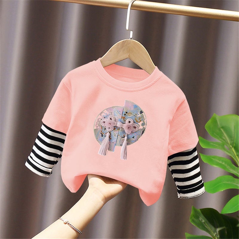 G2395# Cotton Girls Stitching Striped Long Sleeve T-Shirt New Children'S Fake Two-Piece National Style Casual T-Shirt - Image 4