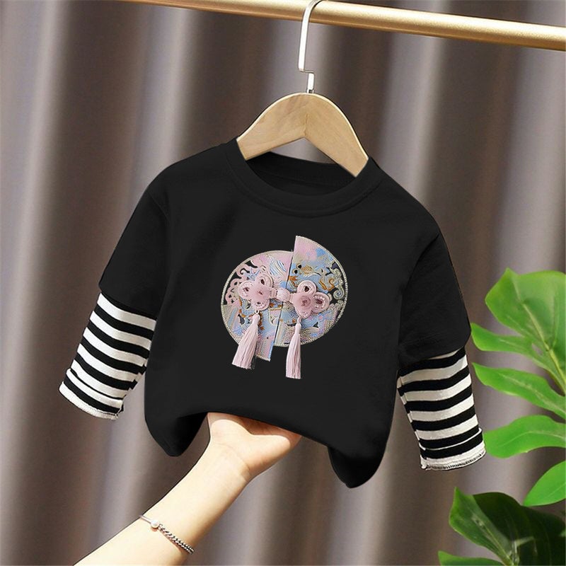 G2395# Cotton Girls Stitching Striped Long Sleeve T-Shirt New Children'S Fake Two-Piece National Style Casual T-Shirt - Image 3