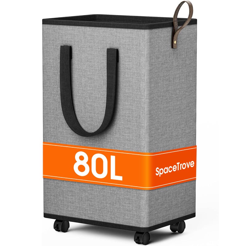 SpaceTrove Laundry Basket with Wheels, Collapsible Laundry Baskets, Laundry Hamper with Handles Detachable Wheels, Rolling Laundry Basket, Dirty Clothes Hamper for Bathroom, Dorm, Bedroom, Grey, 80L - Image 1