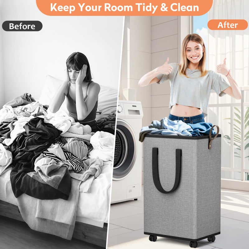 SpaceTrove Laundry Basket with Wheels, Collapsible Laundry Baskets, Laundry Hamper with Handles Detachable Wheels, Rolling Laundry Basket, Dirty Clothes Hamper for Bathroom, Dorm, Bedroom, Grey, 80L - Image 4