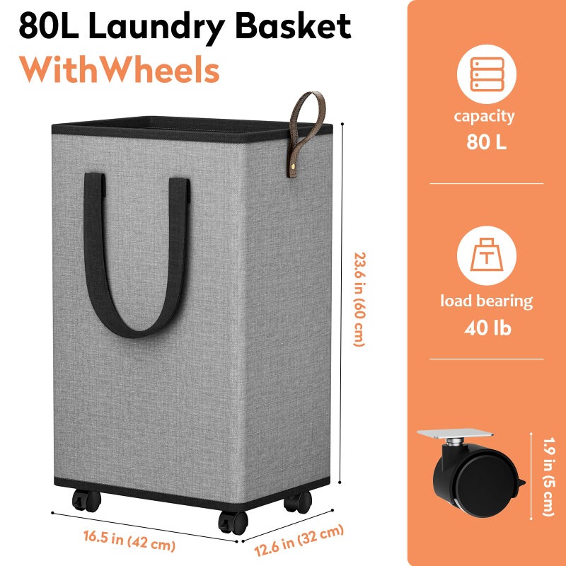 SpaceTrove Laundry Basket with Wheels, Collapsible Laundry Baskets, Laundry Hamper with Handles Detachable Wheels, Rolling Laundry Basket, Dirty Clothes Hamper for Bathroom, Dorm, Bedroom, Grey, 80L - Image 2
