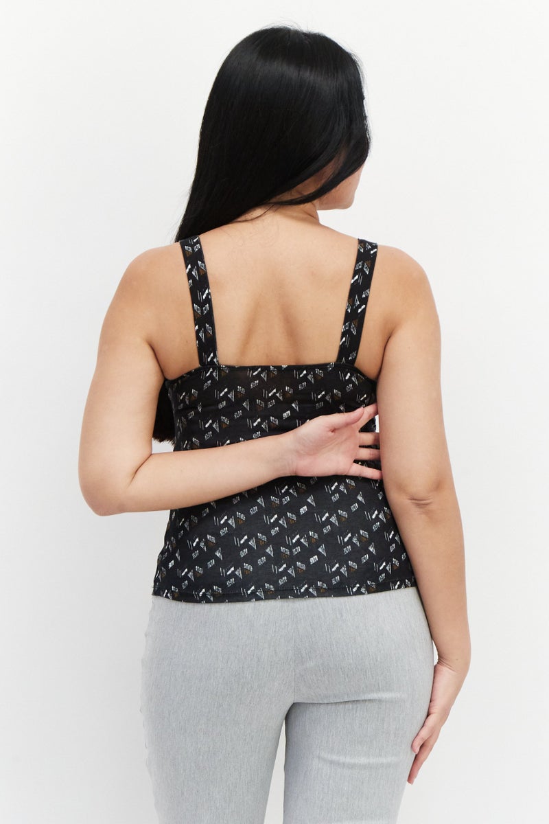 promod Women Scoop Neck Sleeveless Allover Print Tank Top, Black Combo - Image 4