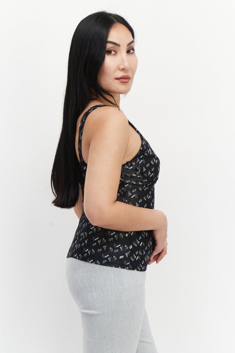 promod Women Scoop Neck Sleeveless Allover Print Tank Top, Black Combo - Image 2