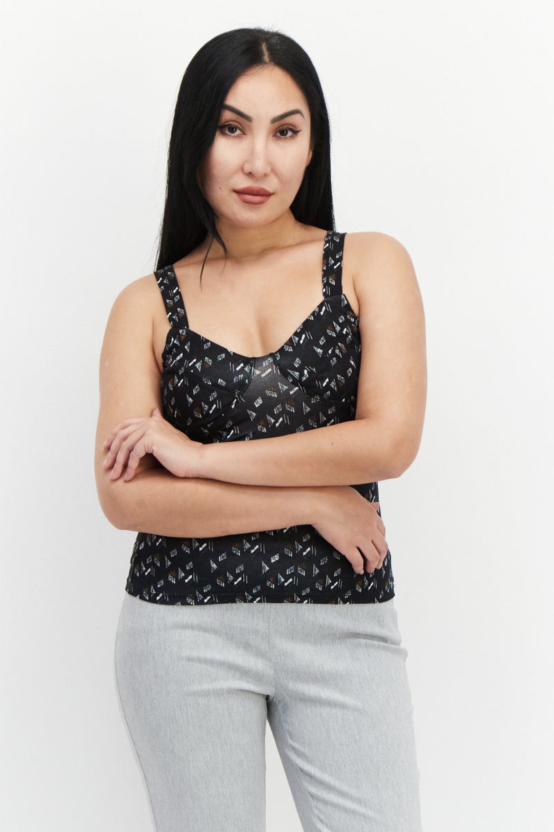 promod Women Scoop Neck Sleeveless Allover Print Tank Top, Black Combo - Image 1