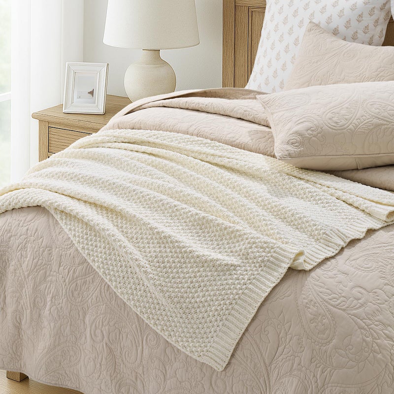 EVERGRACEHOME Chunky Chenille Knit Throw Blanket for Couch, Soft Luxurious Moss Stitch Blankets for Bed, Cozy Decorative Farmhouse Knitted Throws for Sofa, Ivory White, 50" x 60" - Image 4