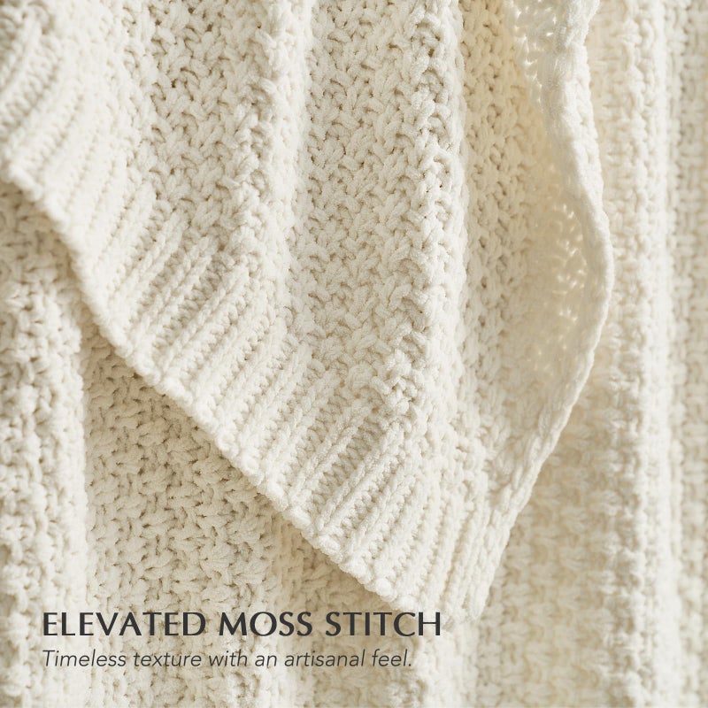 EVERGRACEHOME Chunky Chenille Knit Throw Blanket for Couch, Soft Luxurious Moss Stitch Blankets for Bed, Cozy Decorative Farmhouse Knitted Throws for Sofa, Ivory White, 50" x 60" - Image 3