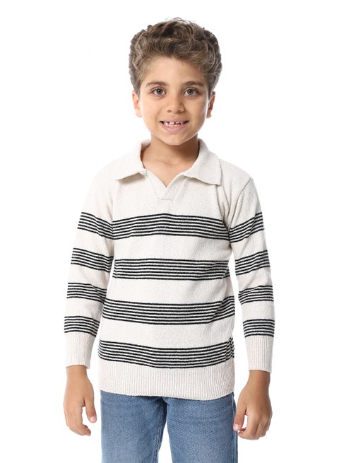 Turn Down Collar Boys Pullover_Beige & Black