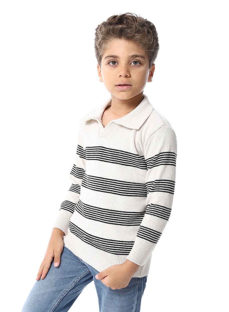 Andora Turn Down Collar Boys Pullover_Beige & Black - Image 2