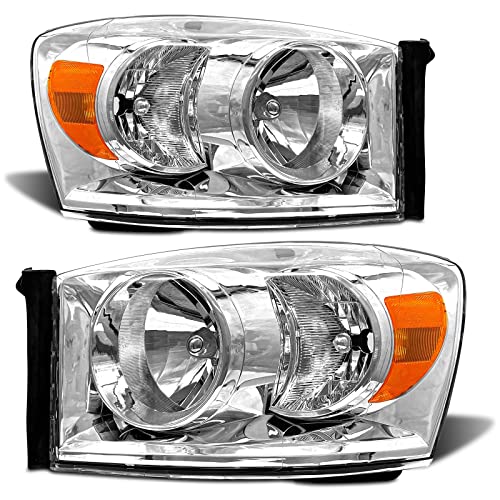 ADCARLIGHTS 2006 2007 2008 2009 Dodge Ram Headlight Assembly for 2006-2008 Dodge Ram 1500/2006-2009 Dodge Ram 2500 3500 Clear Lens Chrome Housing Amber Reflector Headlamp Replacement Left Right Pair - Image 1