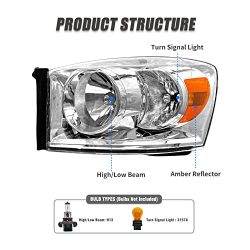 ADCARLIGHTS 2006 2007 2008 2009 Dodge Ram Headlight Assembly for 2006-2008 Dodge Ram 1500/2006-2009 Dodge Ram 2500 3500 Clear Lens Chrome Housing Amber Reflector Headlamp Replacement Left Right Pair - Image 4