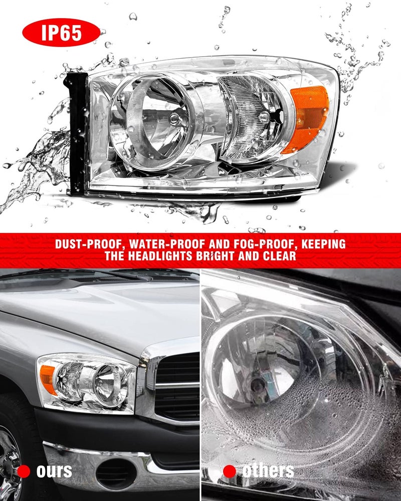 ADCARLIGHTS 2006 2007 2008 2009 Dodge Ram Headlight Assembly for 2006-2008 Dodge Ram 1500/2006-2009 Dodge Ram 2500 3500 Clear Lens Chrome Housing Amber Reflector Headlamp Replacement Left Right Pair - Image 5
