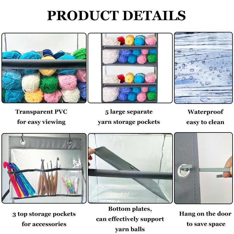 Hobekoee Hanging Yarn Storage Organizer,Large Capacity Yarn Storage Bag with 5 Yarn Balls Storage Pockets & 3 Top Crochet/Knitting Needles Pockets,Transparent Door Hanging Knitting Organizer Storage - Image 3