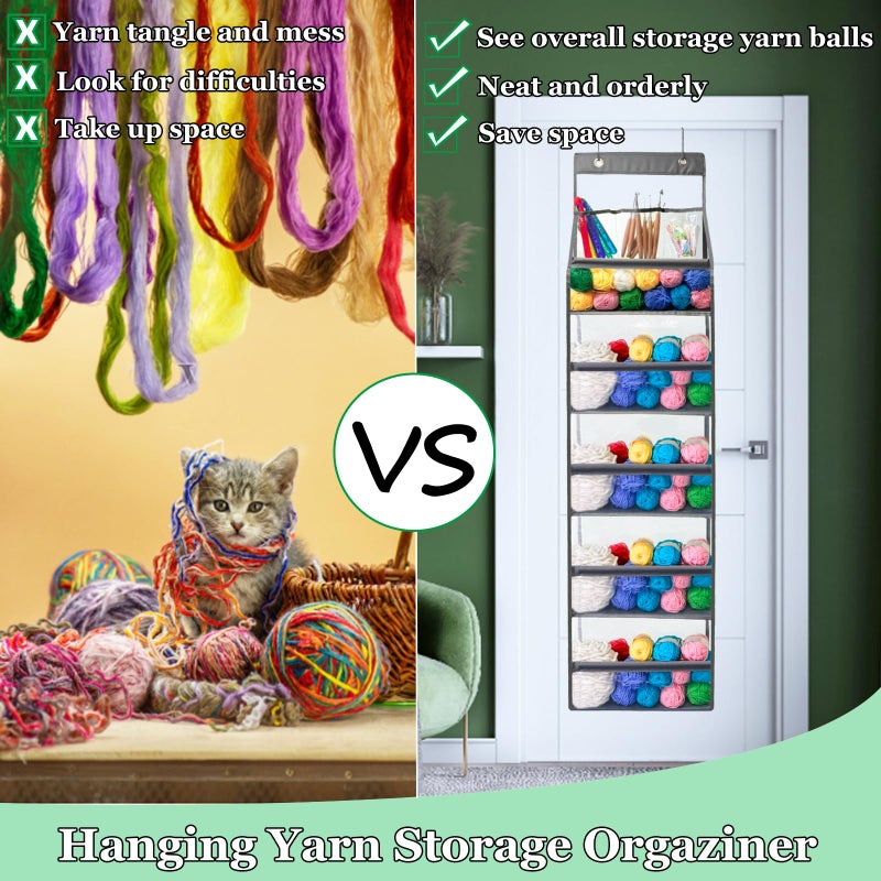 Hobekoee Hanging Yarn Storage Organizer,Large Capacity Yarn Storage Bag with 5 Yarn Balls Storage Pockets & 3 Top Crochet/Knitting Needles Pockets,Transparent Door Hanging Knitting Organizer Storage - Image 5