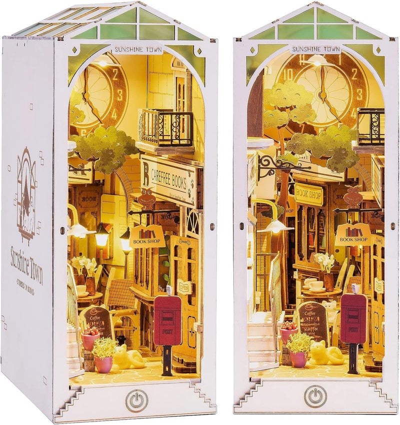 Rolife Book Nook Kits Booknook for Adults 3D Wooden Puzzle Model Kits for Bookshelf Bookends Decor with Furniture and Accessories Sunshine Town