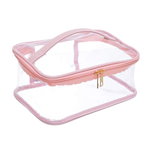 Large Cosmetic Bag for Women  Clear SeeThrough Makeup Hair  Nail Accessories Pouch for Travel or Home  Transparent PVC Plastic Organizer Spacious Interior Handle  Double Zippers Blush