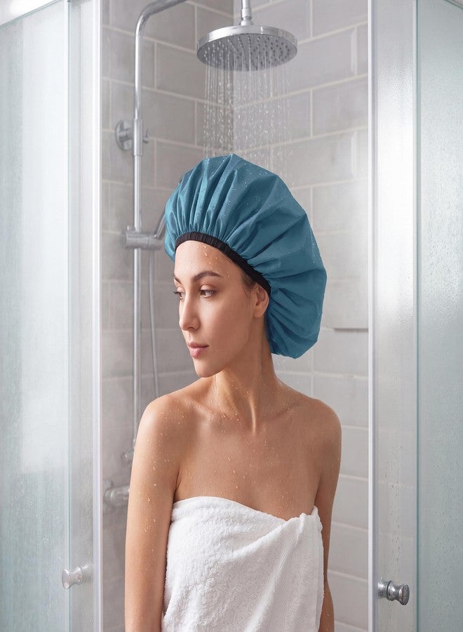 Edoneery Extra Large Shower Cap for Women, Reusable Waterproof Shower Bonnet with Satin Lining, Double Layer Washable Bath Hair Cap for Braids, Locs, Long Thick Curly Hair, Natural Hair(Big Haze Blue - Image 5