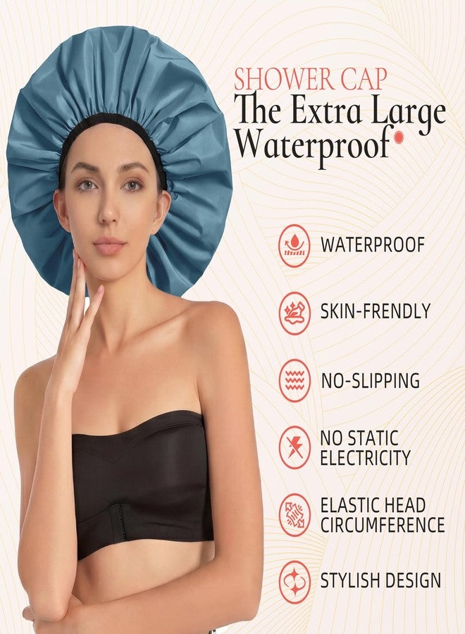 Edoneery Extra Large Shower Cap for Women, Reusable Waterproof Shower Bonnet with Satin Lining, Double Layer Washable Bath Hair Cap for Braids, Locs, Long Thick Curly Hair, Natural Hair(Big Haze Blue - Image 2
