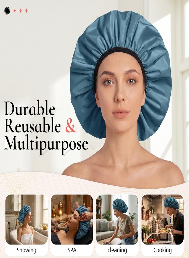Edoneery Extra Large Shower Cap for Women, Reusable Waterproof Shower Bonnet with Satin Lining, Double Layer Washable Bath Hair Cap for Braids, Locs, Long Thick Curly Hair, Natural Hair(Big Haze Blue - Image 3