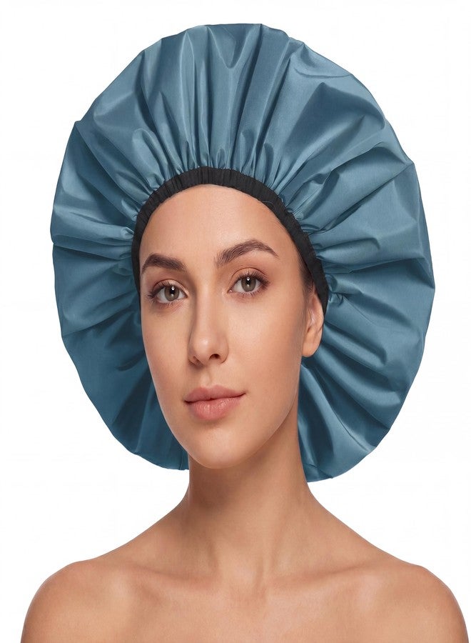 Edoneery Extra Large Shower Cap for Women, Reusable Waterproof Shower Bonnet with Satin Lining, Double Layer Washable Bath Hair Cap for Braids, Locs, Long Thick Curly Hair, Natural Hair(Big Haze Blue - Image 1