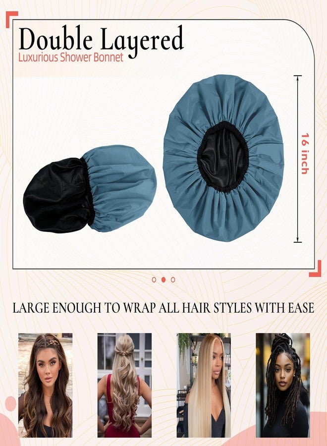 Edoneery Extra Large Shower Cap for Women, Reusable Waterproof Shower Bonnet with Satin Lining, Double Layer Washable Bath Hair Cap for Braids, Locs, Long Thick Curly Hair, Natural Hair(Big Haze Blue - Image 4