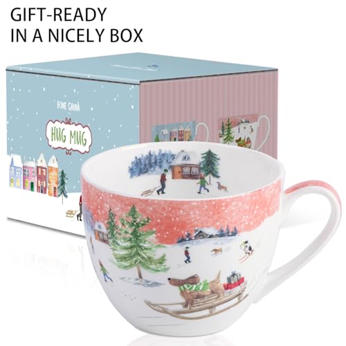 MFoffice Sled Dog Coffee Mug - 20 oz Bone China Coffee Tea Hug Mug with Pink Winter Sky & Snow Trees, Great to Gift Friends & Family for the Holidays or Birthdays - Designed in England by Harvest Green Studio - Image 3