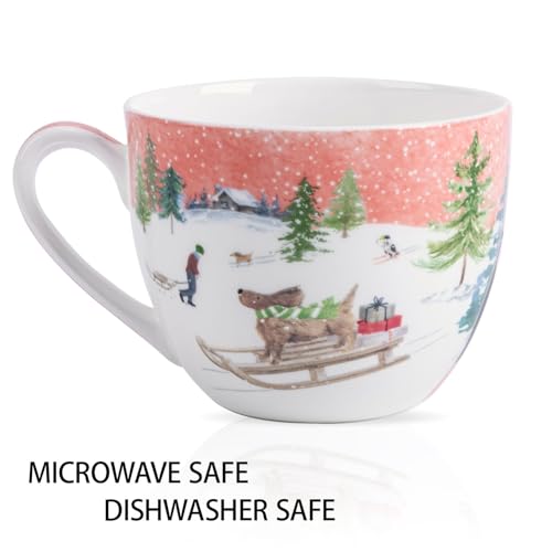 MFoffice Sled Dog Coffee Mug - 20 oz Bone China Coffee Tea Hug Mug with Pink Winter Sky & Snow Trees, Great to Gift Friends & Family for the Holidays or Birthdays - Designed in England by Harvest Green Studio - Image 4