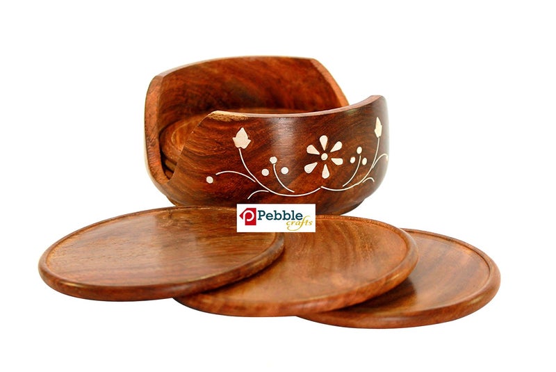 PEBBLECRAFTS Wooden Round Drink Coasters Set of 6 with Decorative Holder | Tabletop Coasters for Tea Coffee Cups Mugs Beer Cans Bar Glass for Office Home - Image 1