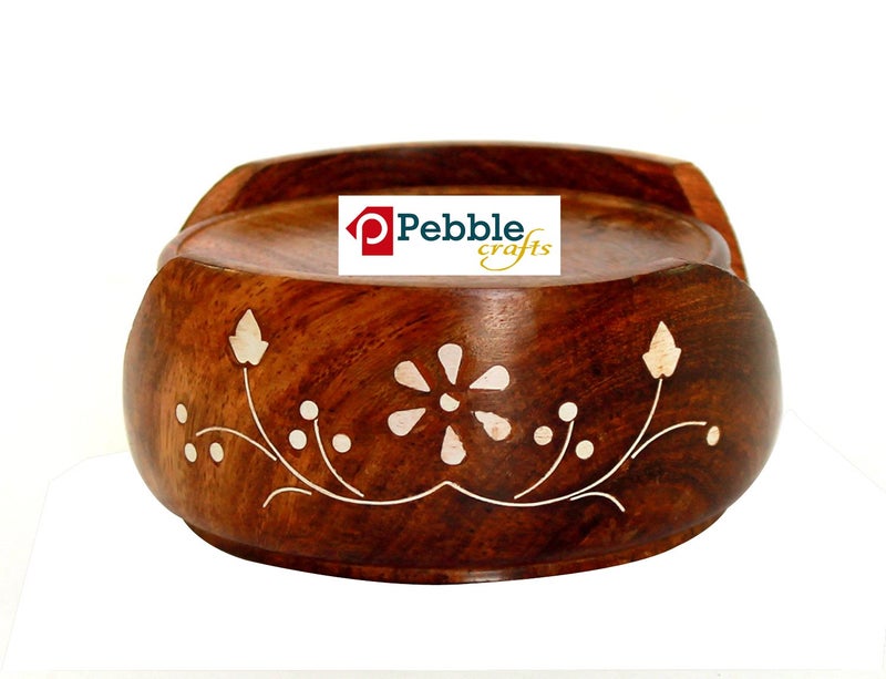 PEBBLECRAFTS Wooden Round Drink Coasters Set of 6 with Decorative Holder | Tabletop Coasters for Tea Coffee Cups Mugs Beer Cans Bar Glass for Office Home - Image 4