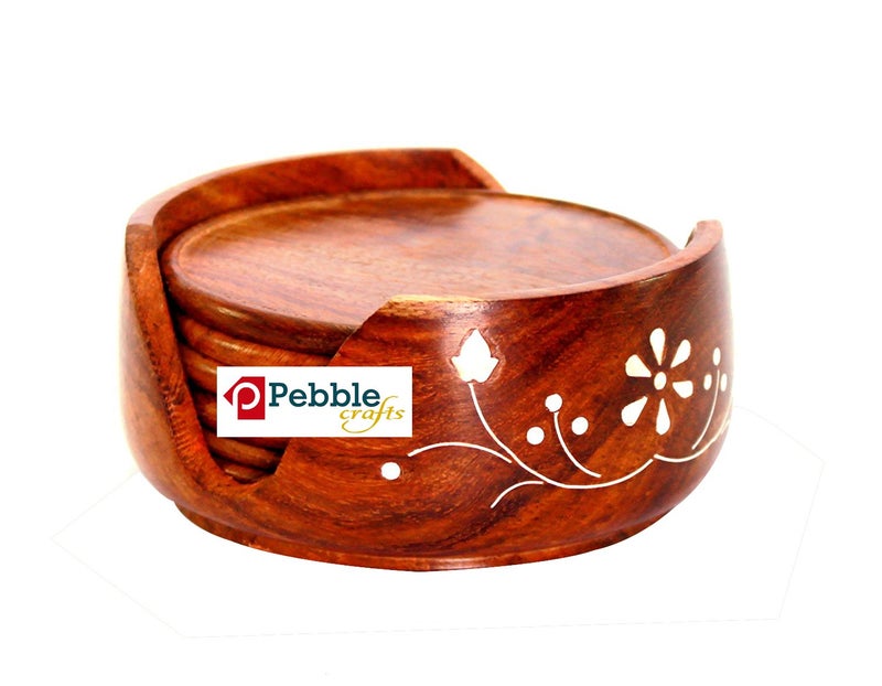 PEBBLECRAFTS Wooden Round Drink Coasters Set of 6 with Decorative Holder | Tabletop Coasters for Tea Coffee Cups Mugs Beer Cans Bar Glass for Office Home - Image 3