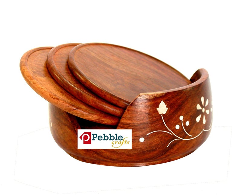 PEBBLECRAFTS Wooden Round Drink Coasters Set of 6 with Decorative Holder | Tabletop Coasters for Tea Coffee Cups Mugs Beer Cans Bar Glass for Office Home - Image 2