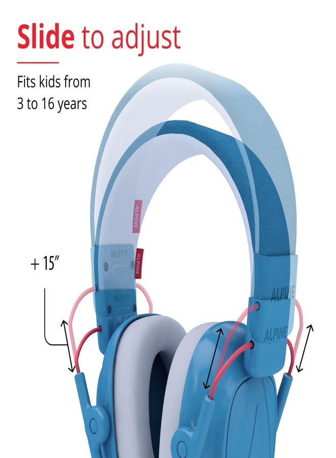 ألبين سماعات أذن Alpine Muffy Kids - حماية سمعية - معتمدة من CE وANSI - قابلة للتعديل للأعمار من 3 إلى 16 عامًا - سماعات رأس عازلة للضوضاء - خفض الصوت بمقدار 22 ديسيبل - مثالية للحماية ومساعدة التركيز - أزرق - Image 2