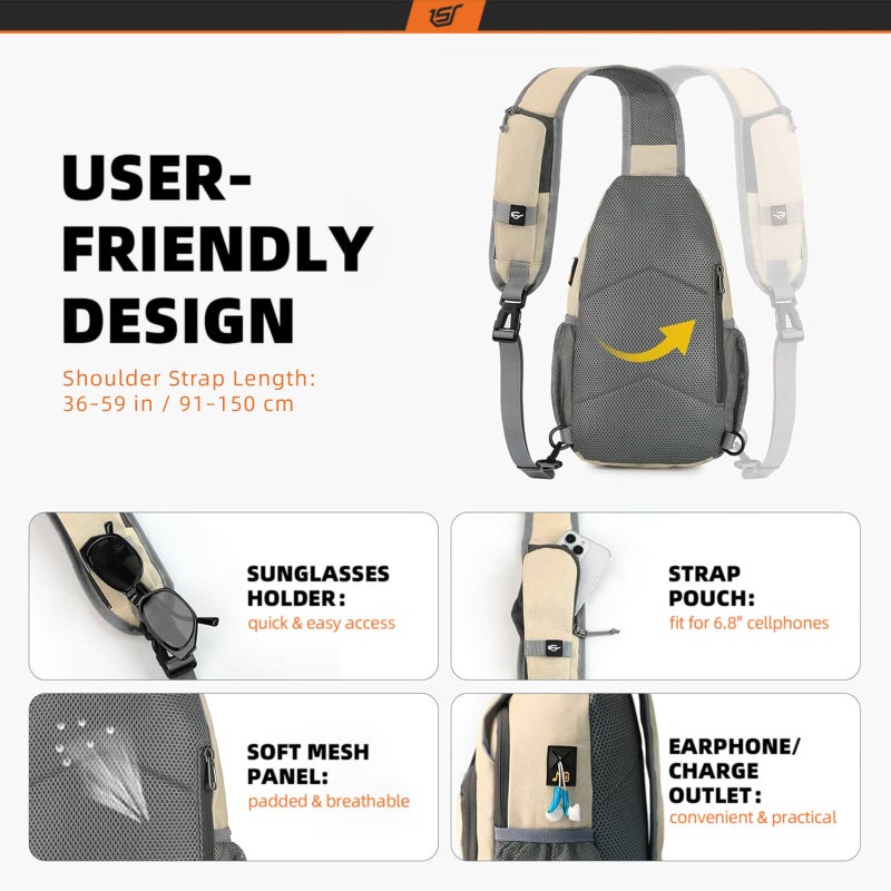 SKYSPER Sling Bag RFID Crossbody Sling Backpack Cross Body Shoulder Bag Travel Hiking Daypack for Women Men(Beige) - Image 5
