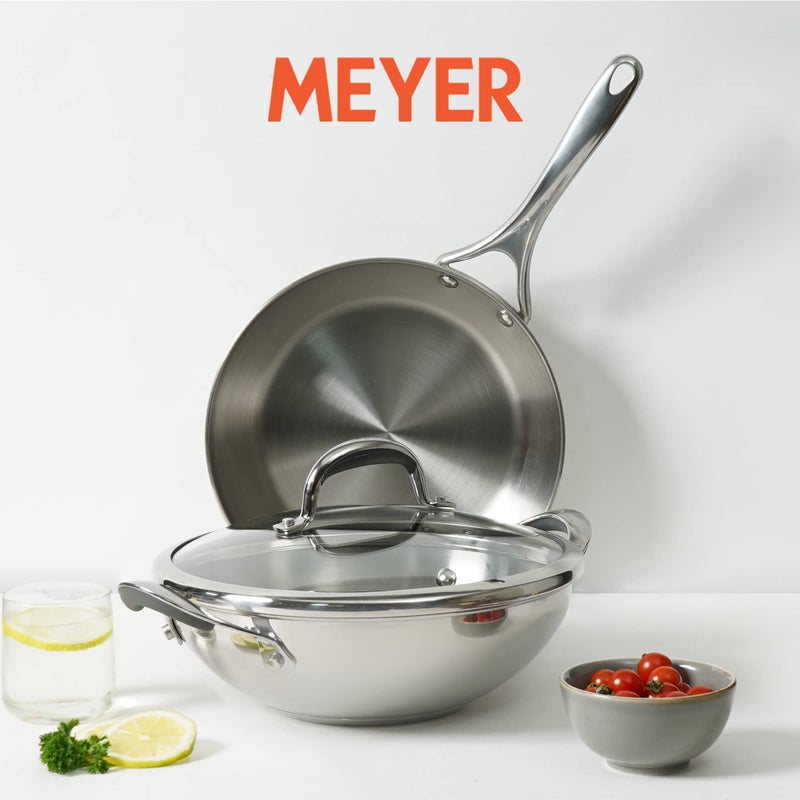 MEYER مجموعة أواني الطهي من ماير سلكت من الفولاذ المقاوم للصدأ خالي من النيكل 26 سم مقلاة + 26 سم كادهاي/ووك 3 قطع مع غطاء قابل للتبادل (متوافق مع الحث والغاز)، فضي - Image 2