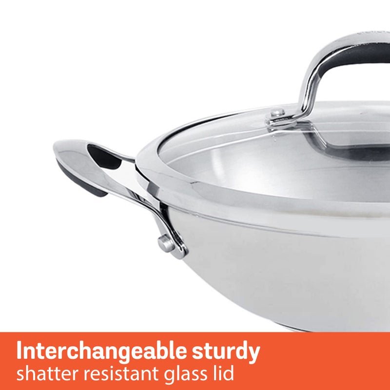 MEYER مجموعة أواني الطهي من ماير سلكت من الفولاذ المقاوم للصدأ خالي من النيكل 26 سم مقلاة + 26 سم كادهاي/ووك 3 قطع مع غطاء قابل للتبادل (متوافق مع الحث والغاز)، فضي - Image 5